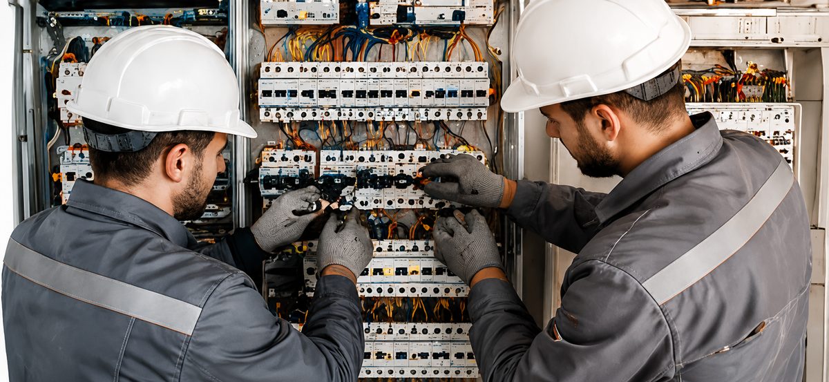 Электромонтажники за работой на щите